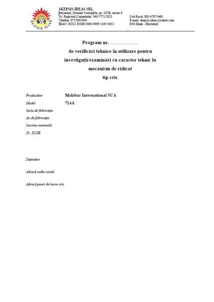 Program verificări cric Malabar 714A